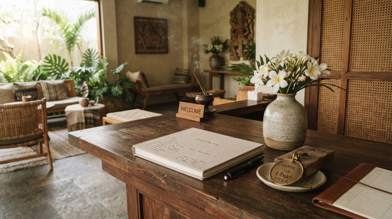 Tactile boutique hotel lobby desk in Ubud Bali with reclaimed teak timber and guestbook ledger
