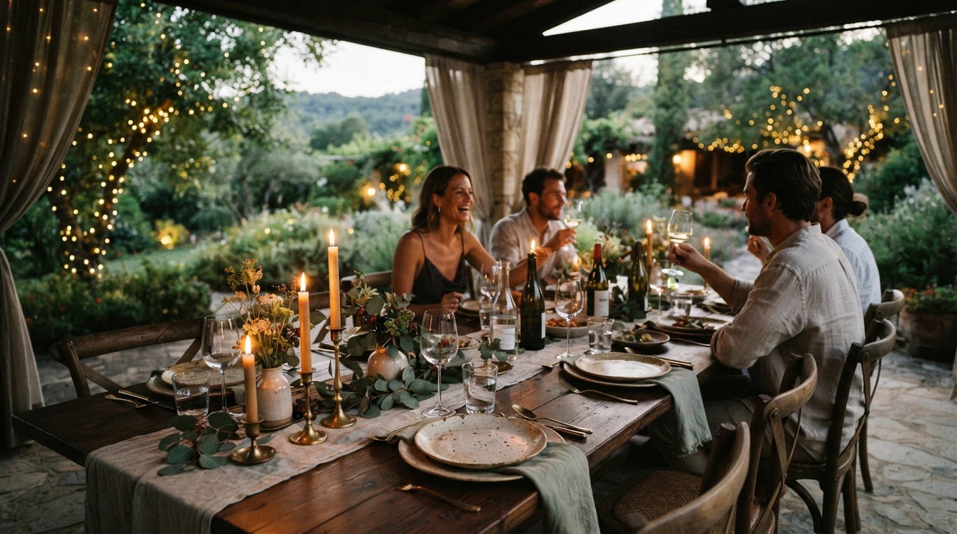 Intimate candlelit private dining table setup in Bali with linen runner and warm ambient lighting